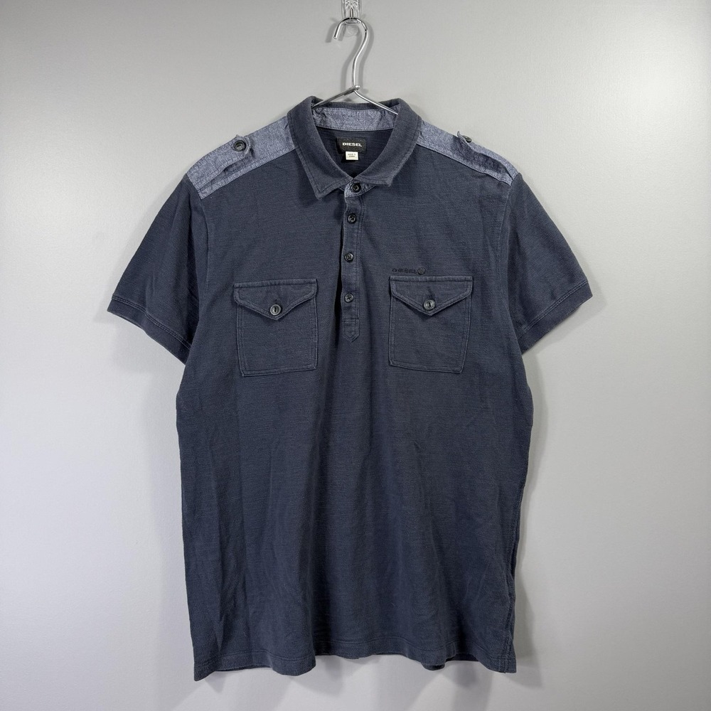 Diesel Polo Shirt Mens XL Blue Colorblock Pockets Logo Short Sleeve Casual